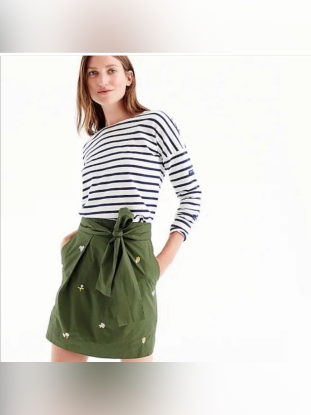 JCREW Olive Green Embroidered Tie-Waist Skirt